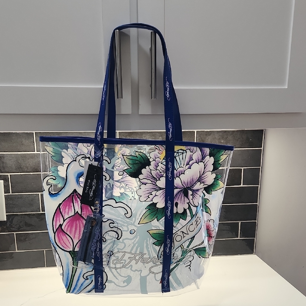 Ed Hardy Clear Floral Tote with Blue Straps and Multicolor Print. NWT